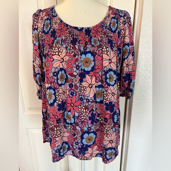 Terra&Sky Blouse Floral Peasant Style  Gathered Sleeve & Neckline Size OX 14W - Picture 1 of 9